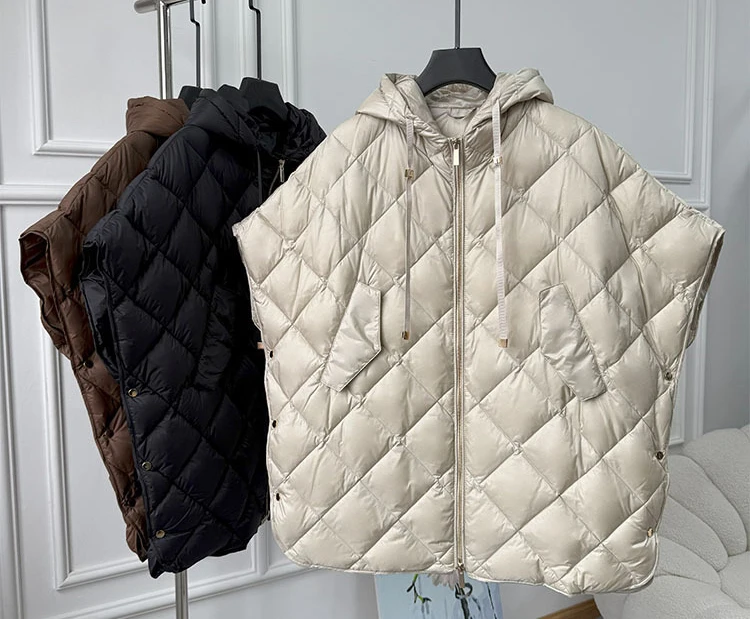 Schinteon Women 90% White Duck Down Irregular Vest with Hood Loose Sleeveless Jacket Solid Fashionable Autumn Winter Top 2026