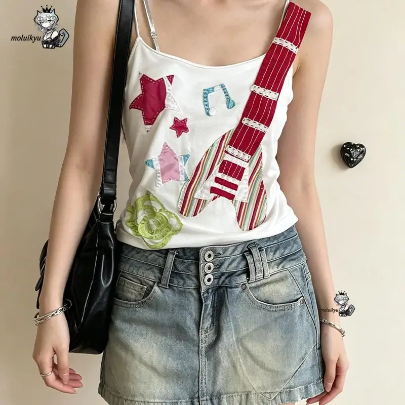 Y2K Women's Tank Top Harajuku Cute Music Star Patch Cami 2000S Indie Aesthetic Slim Fit Camisole Fun Summer Hottie Streetwear