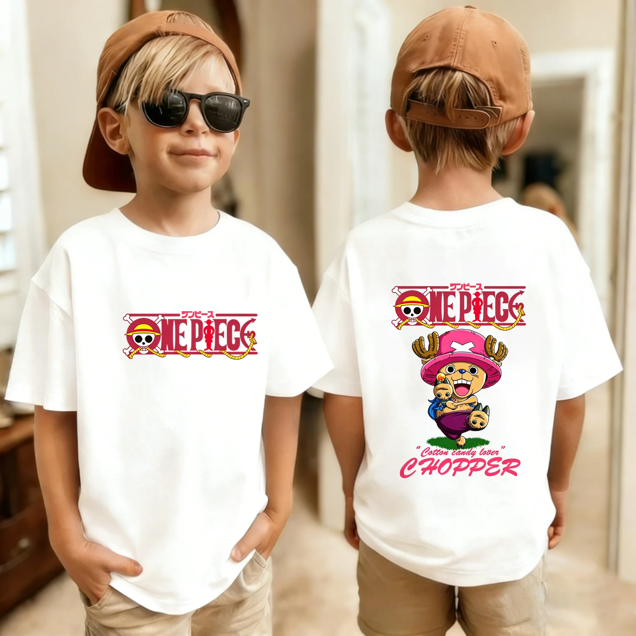 One Piece Chopper Front Back Printed Cotton T-Shirt, Boys Girls Harajuku Streetwear Anime Children Short Sleeve Tee