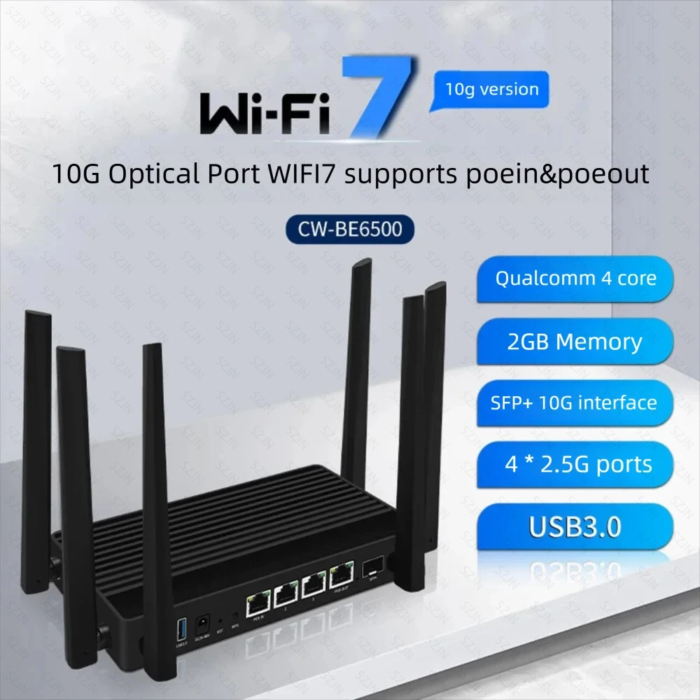 WIFI7 Routers 10G SFP+ Port BE6500 Quad-core IPQ5322 with 2G Memory 4*2.5G RJ45 USB3.0 Support OpenWRT DOCKER POE_IN OUT