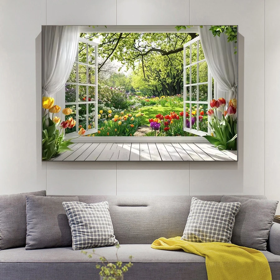 Spring garden diamond painting kit suitable for white window tulip floral birthdays, and celebrations 5D mosaic embroidery decor