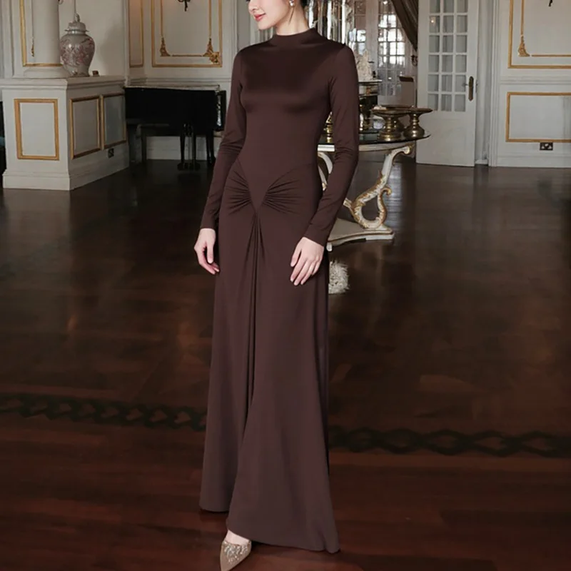 Ticketsx Fashion Ruched Slim Long Dress Solid Women Patchwork Long Sleeve Dress Autumn New Vacation Elegant Party Evening Dress