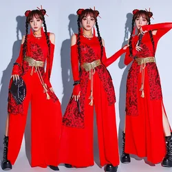3pcs-Chinese Style Red Loose Outfits for Women Jazz Dance Costumes Girls Group Gogo Dancers Performance Hip Hop Stage Wear D