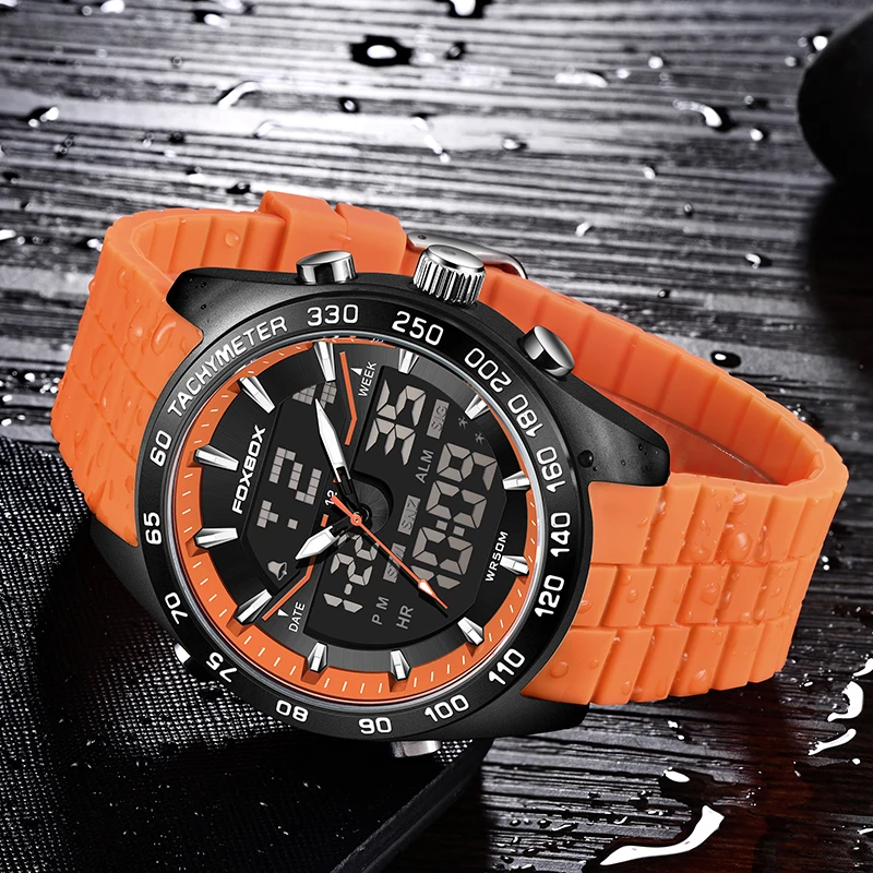 FOXBOX Brand Electronic Man Watch Fashion Alarm Week 50M Waterproof HD Lume Dual Display Sport Digital Stopwatch Watches for Men
