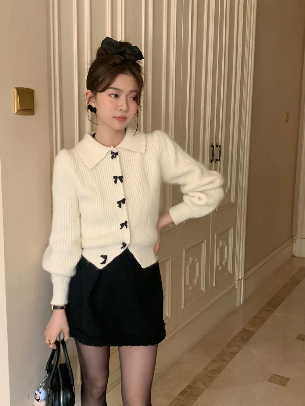 Korejpaa Sweet Bow Button Cardigans Women Korean Fashion Peter Pan Collar Gentle Sweater Coat Elegant Slimming Solid Clothes