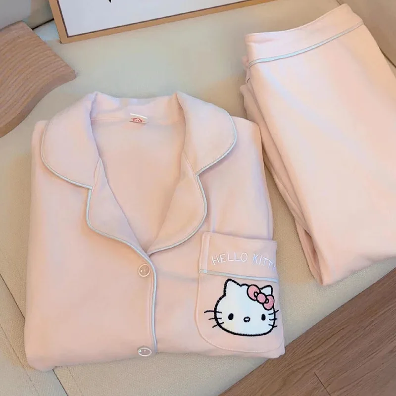 

Spring and Autumn New Pajamas Women's German Velvet Collar Cardigan Long Sleeve Hello Kitty Women's Home Clothes Set