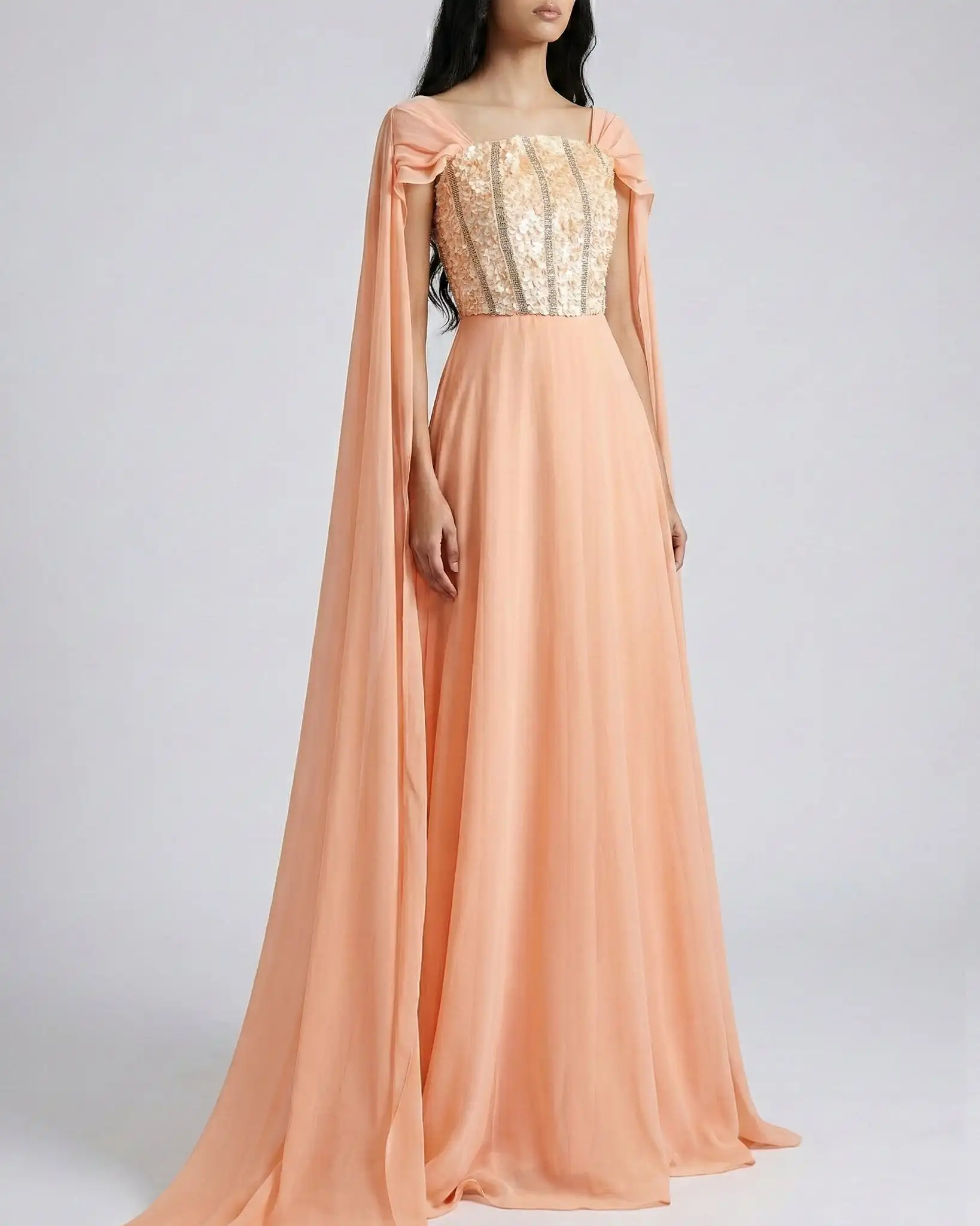 Aunber Elegant Peach A-Line Shawl Cape Evening Dresses Chest with Handmade Sequins Beads Sweep Train Celebrity Prom Gowns 2026