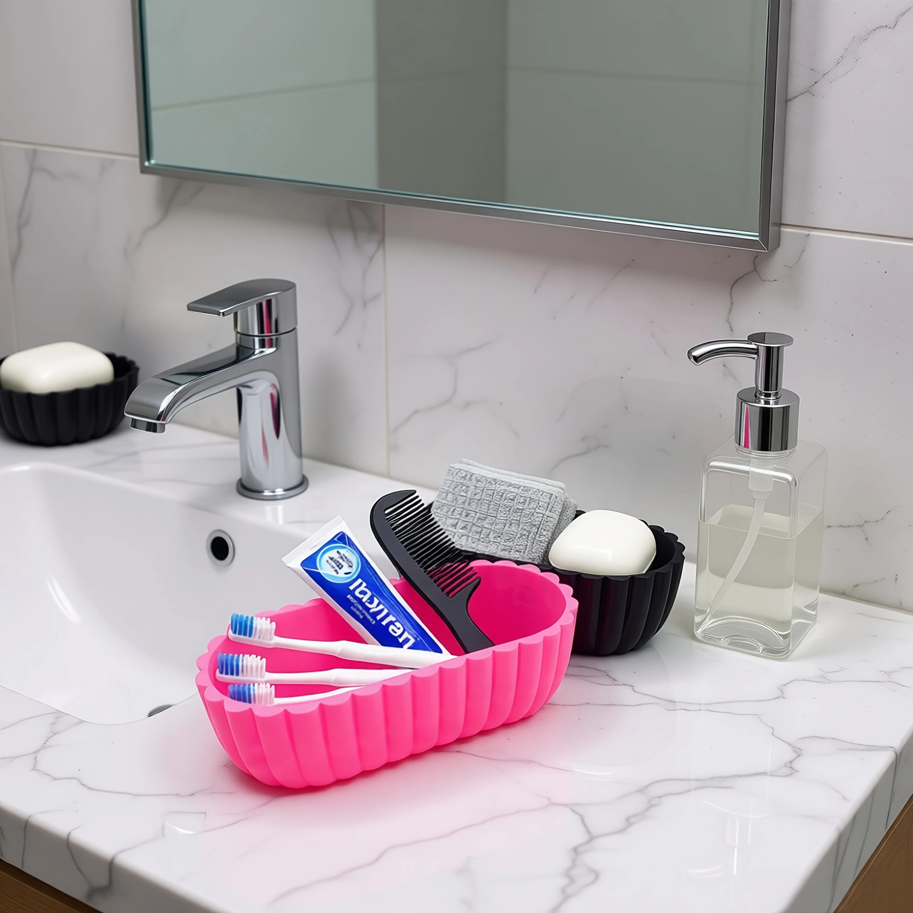Oval home goods tufted storage tray with wavy edges Bathroom storage items Unique bathroom storage equipment and organisation