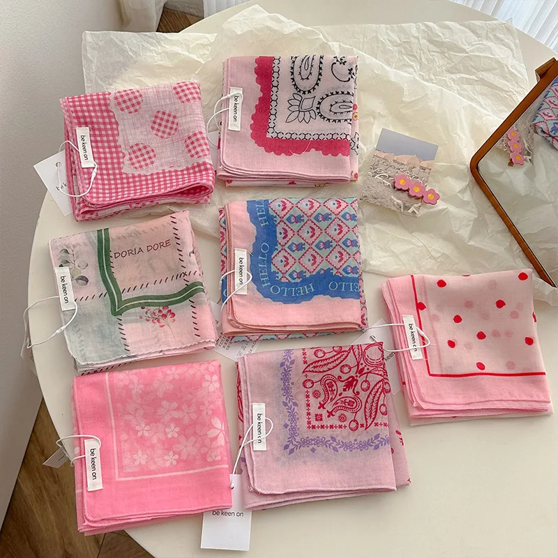 وشاح حريري مزخرف فني ناعم وجديد وأنثوي ياباني عتيق متعدد الاستخدامات منديل مربع من القطن والكتان مزين بالزهور