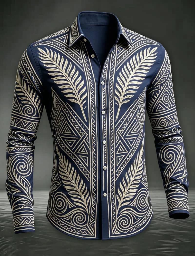 

Men's Polynesian tribal printed long sleeved shirt, for themed parties, cultural events, and eye-catching vacation styles