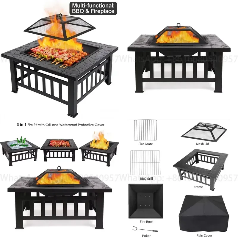 34 cm Wood Burning Bracere Giardino Square Fire Pit Fireplace Stove Brazier Table Bbq Grill with Poker Mesh Cover Rack for