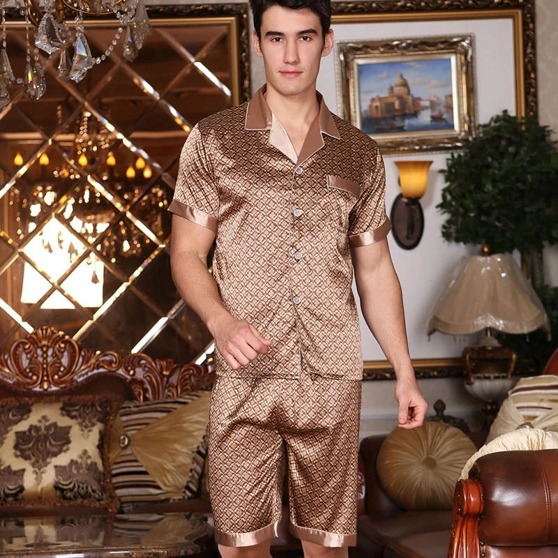 

Men's Luxury Satin Plaid Print Pajama Set Short Sleeve Lapel Top And Elastic Shorts Comfortable Perfect For Summer Loungewear