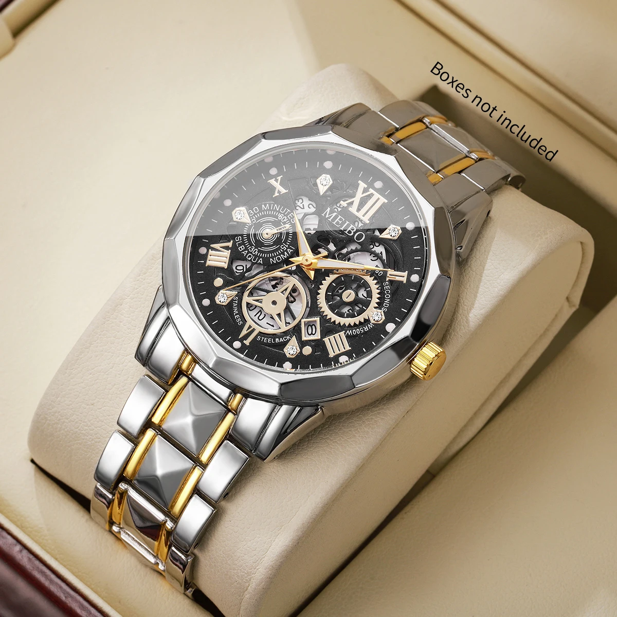 Fashion Roma Skeleton Dial Men Quartz Watches Stainless Steel Band Business Wristwatches Clock Relogio Masculino (Without Box）
