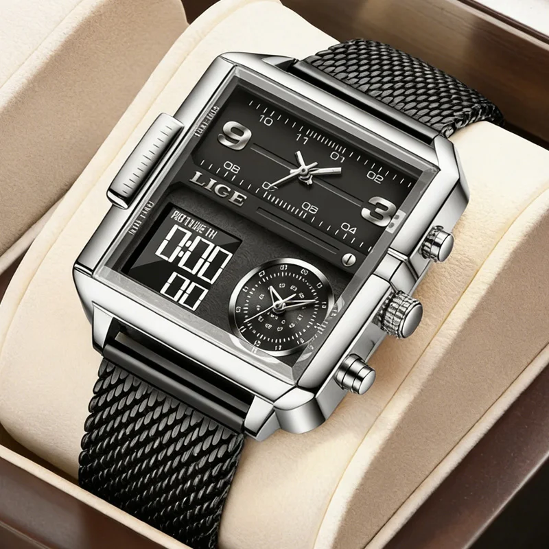 

Мужские модные часы LIGE, цифровые часы с двойным дисплеем, спортивные часы с хронографом, водонепроницаемые кварцевые наручные часы, черные стальные мужские военные часы