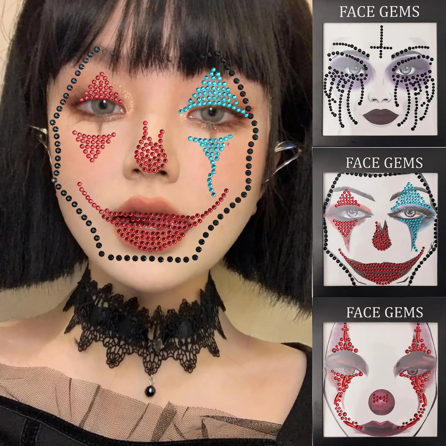 Pegatinas de Payaso Divertido con Pedrería, Pegatinas de Cristal 3D de Terror de Halloween, Decoraciones Faciales para Cosplay, Pegatinas de Tatuajes Temporales
