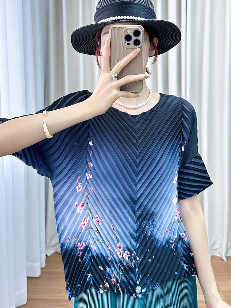 

Summer Floral Print Short Sleeve round Neck Pleated T-Shirt Artistic High-End Feeling New Arrival Silk Women's Top