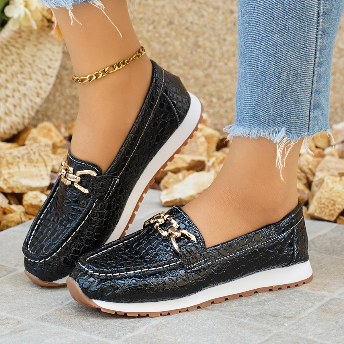 

Metal Chain Decor Flat Pumps for Women Pu Leather Black Platform Loafers 2025 Summer Plus Size Thick Sole Non Slip Uniform Shoes