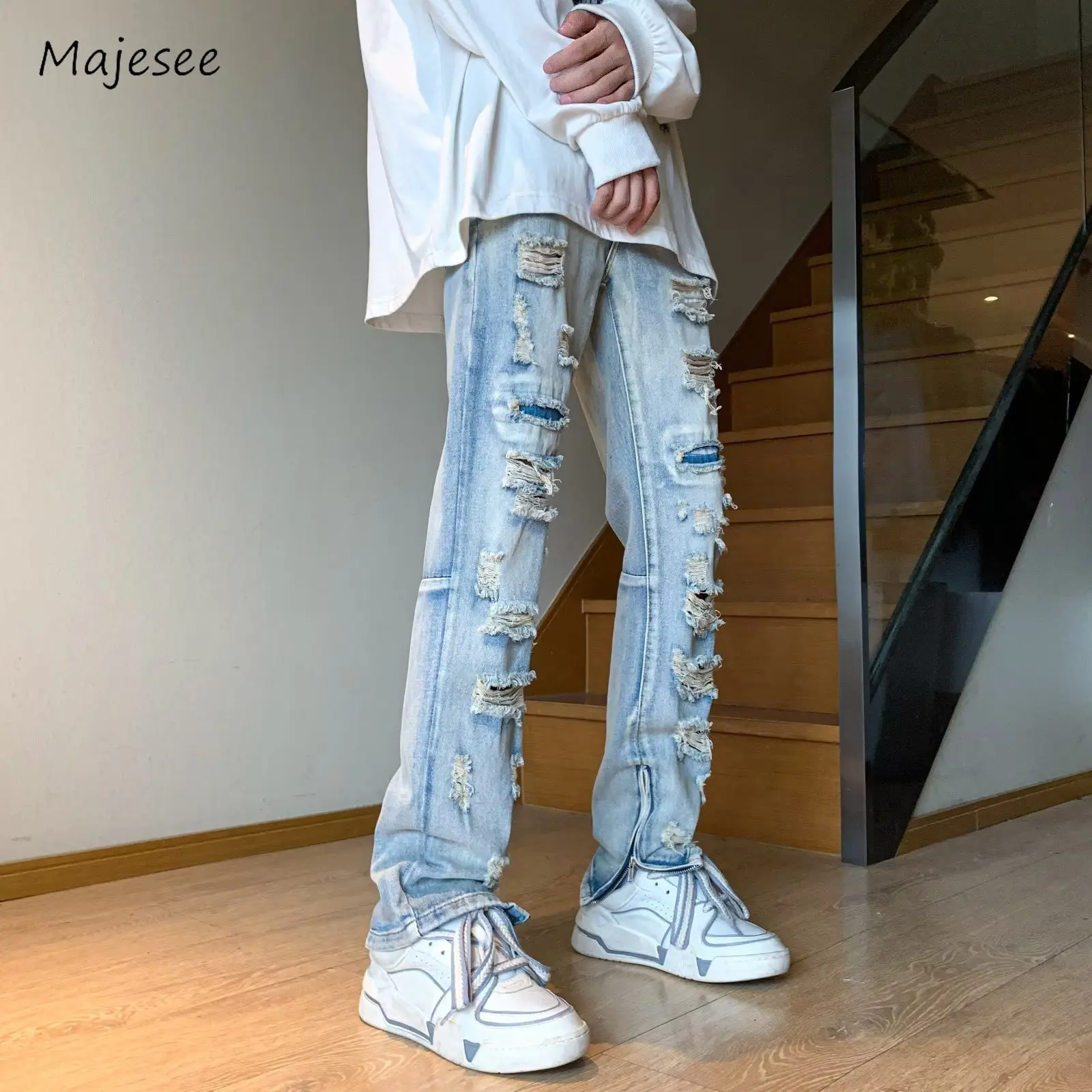 

Hole Jeans Men Youthful Vitality High Street Spring Summer Side-slit Slim Broken American Style Teenagers Retro All-match Chic