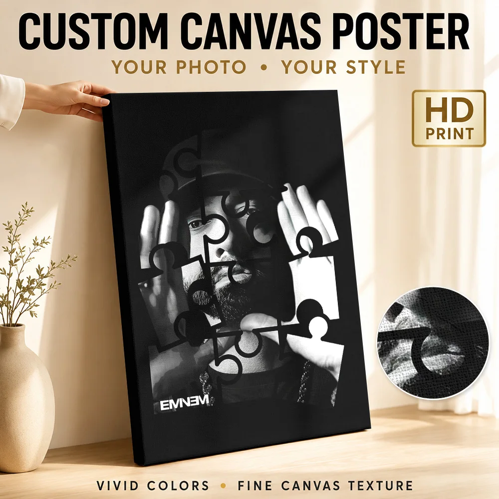 Eminem Portrait In Puzzle Pieces Framed Canvas Poster Customized Photo Monochrome Shading Wall Art For Home Recording Studio