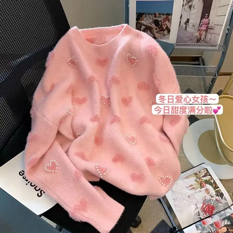 Gentle Style Plush Love Pullovers Women Autumn and Winter Milk Yellow Niche Loose Korean Thick Soft and Sticky Knitting Sweaters