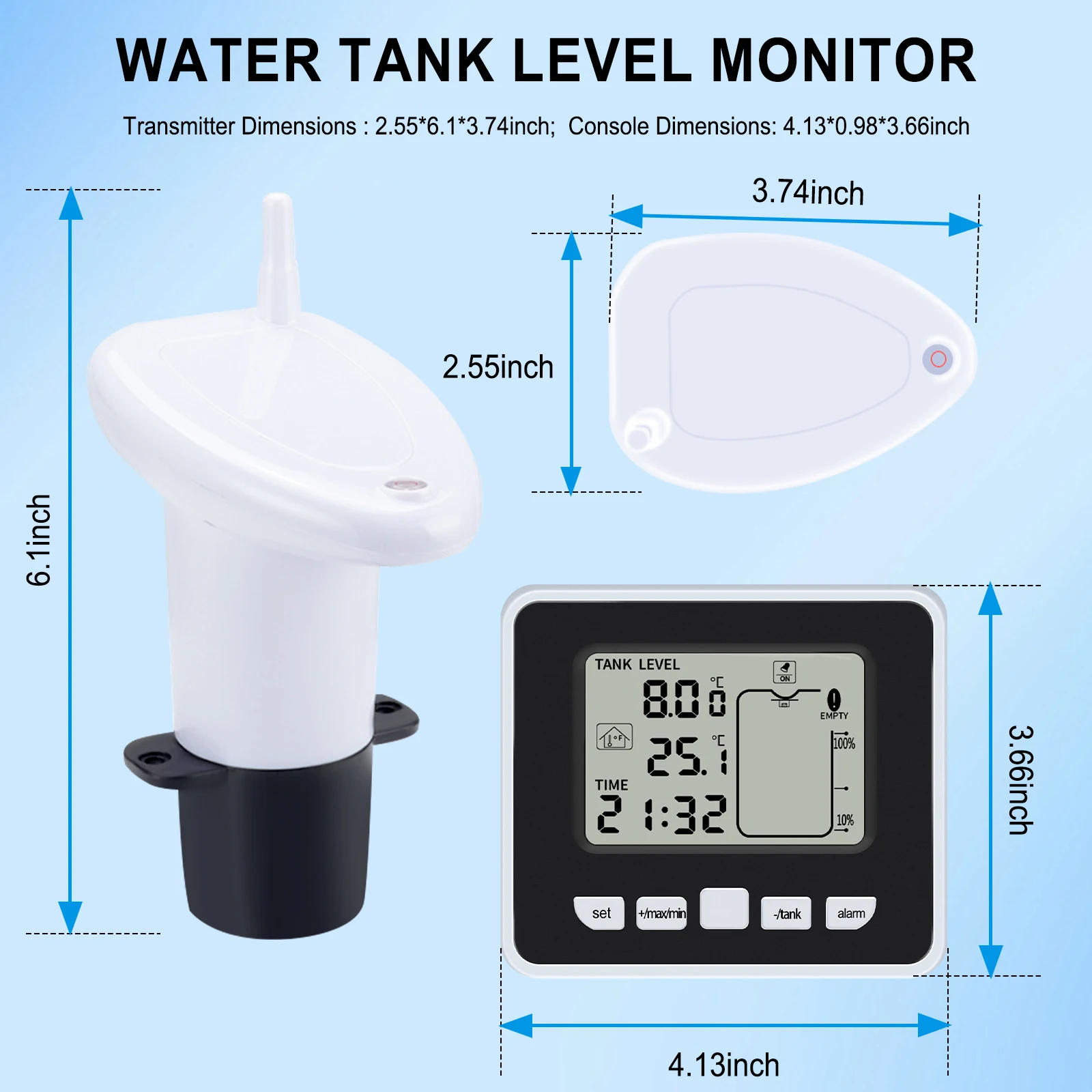 【ساخن】شاشة مستوى خزان المياه اللاسلكية 100 متر نقل عن بعد إنذار درجة حرارة عالية/منخفضة شريط عرض LCD لأبراج المياه