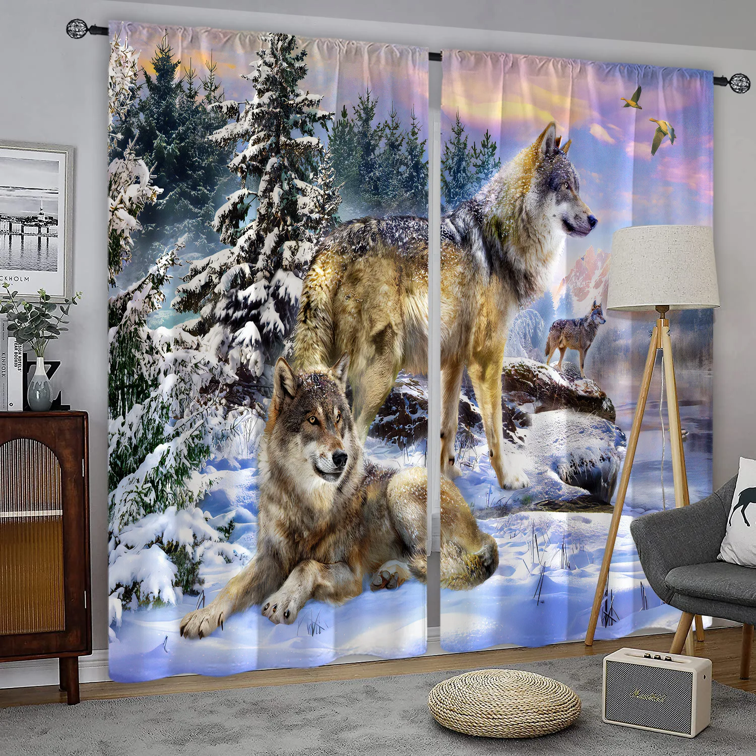 

Wild Animals Fabric Window Curtains, The Wolf Is in the Cedar Forest, Living Room, Outdoor Drapes, Home Decor