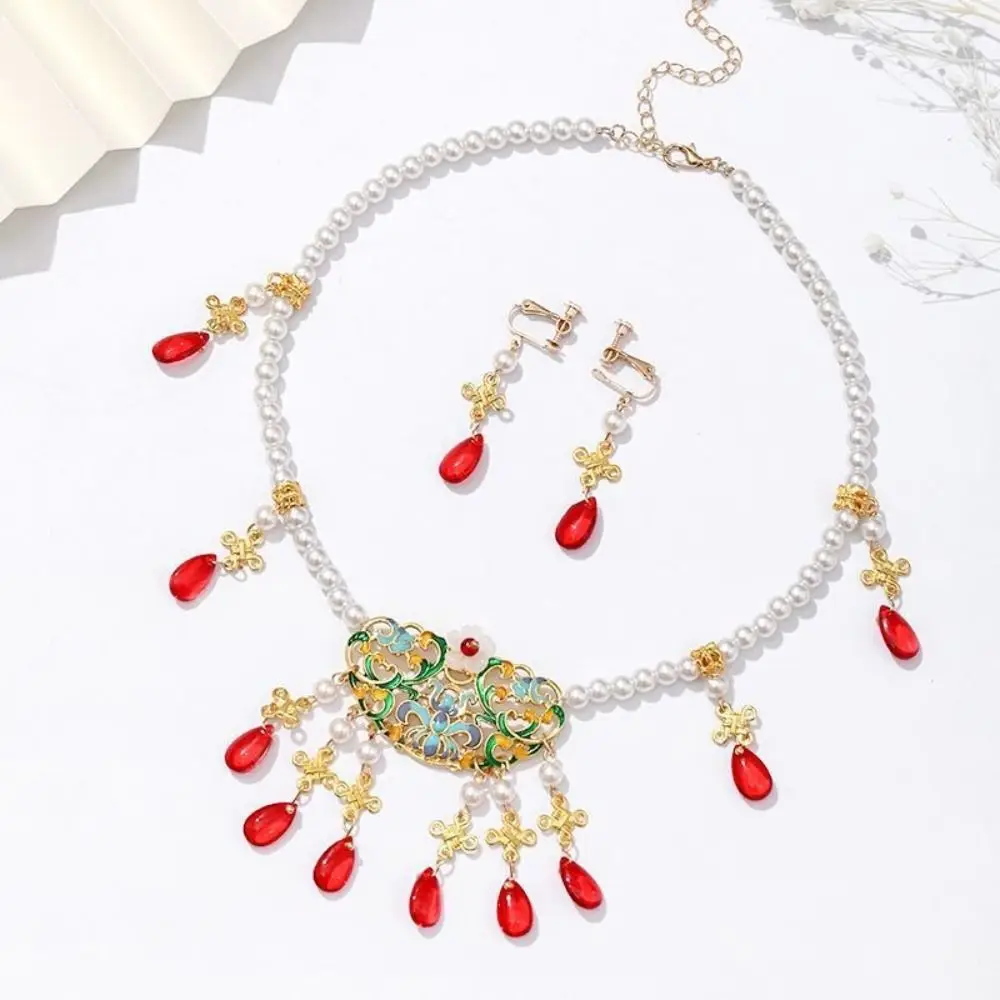 

Rhinestone Necklace Earrings Set Ethnic Style Bohemian Style Pearl Jewelry Set Delicate Exotic Style Tassel Eyebrow Pendant