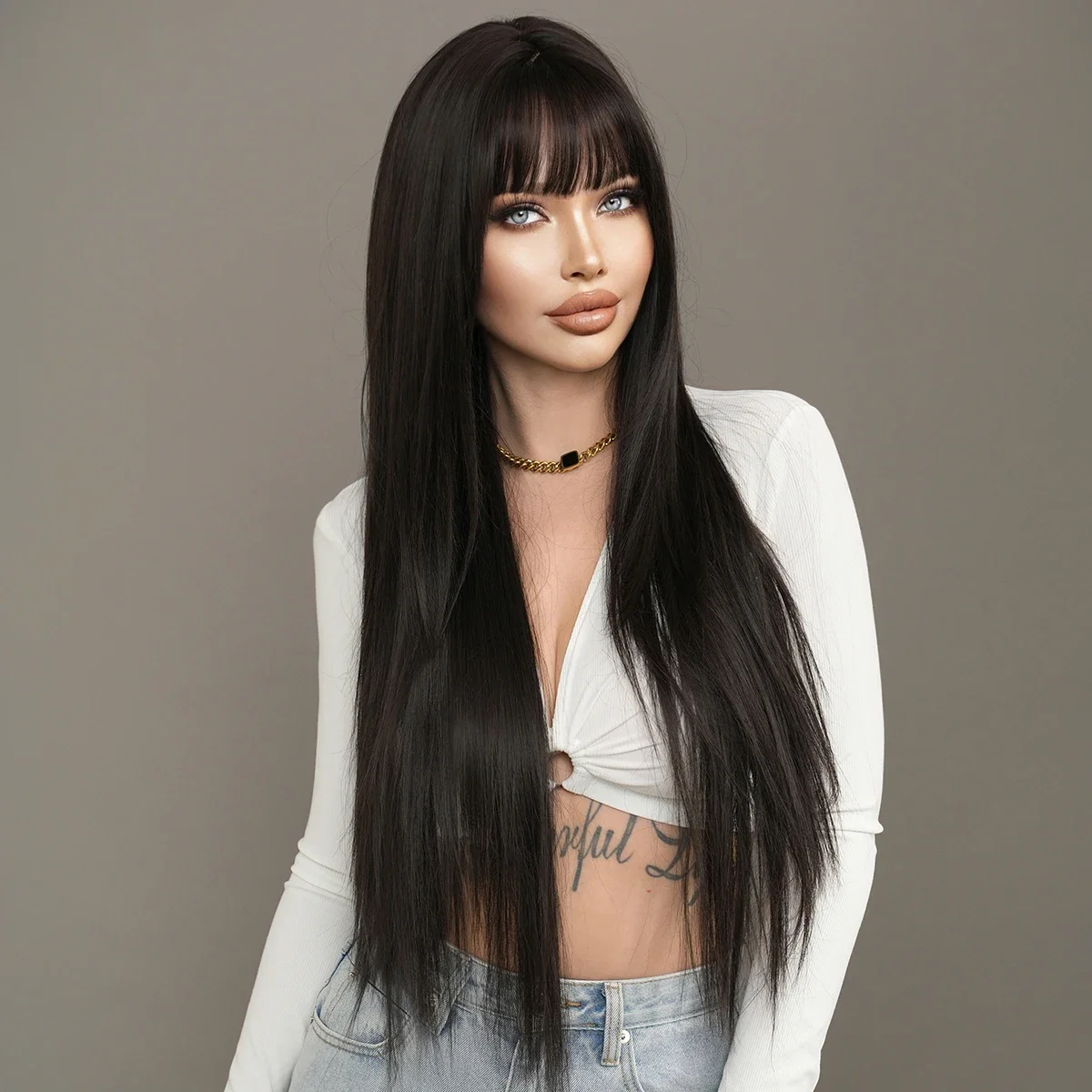 NAMM Long Straight Black Wig for Women Daily Cosplay Natural Straight Hair Wig Synthetic Hair for Heat Resistant Wigs With Bangs