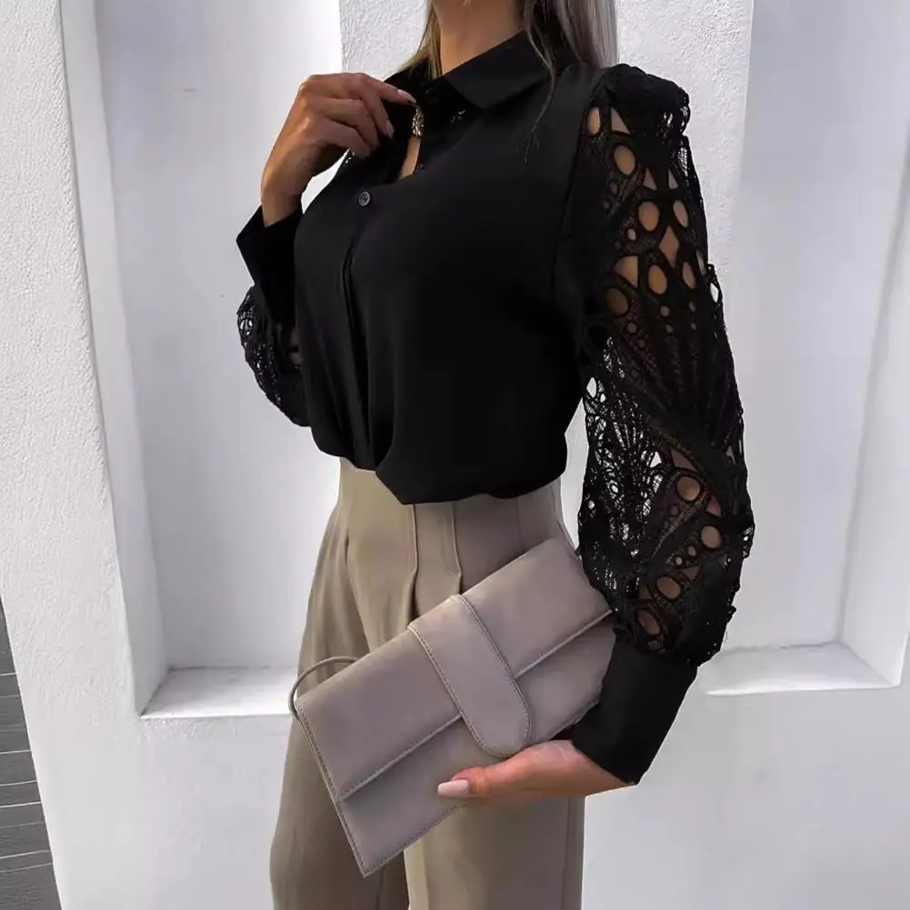 

Women Hollow Lace Design Top Elegant Lace Splicing Women's Shirt with Lapel Collar Long Sleeves Stylish Hollow Design Single