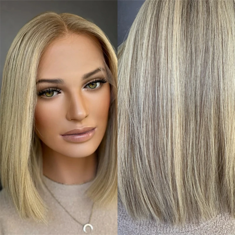 

Original Factory Wig Short Straight Bob Ombre Ash Blodne Swiss HD Trabsparent Lace Front Wig Preplucked Hairline with Baby Hair