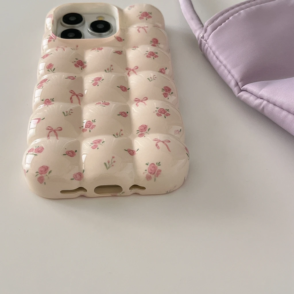 Ins Full Screen Pink Flower Bowknot Stereoscopic Lattice Shockproof Protective Cover Case for iPhone 16 15 14 13 12 11 Pro Max
