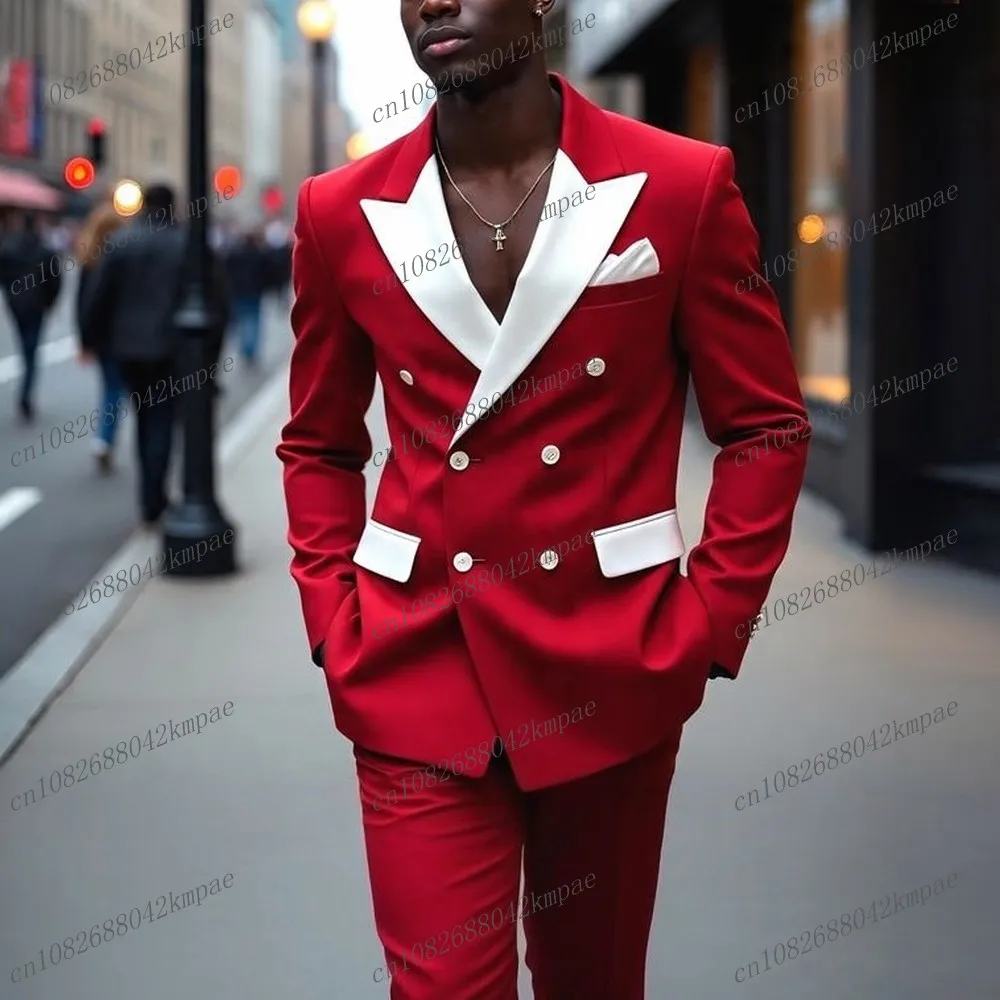 

New White And Red Men Formal Tuxedos Groom Groomsman Wedding Party Prom Male Business Suit 2 Piece Set Blazer Pants
