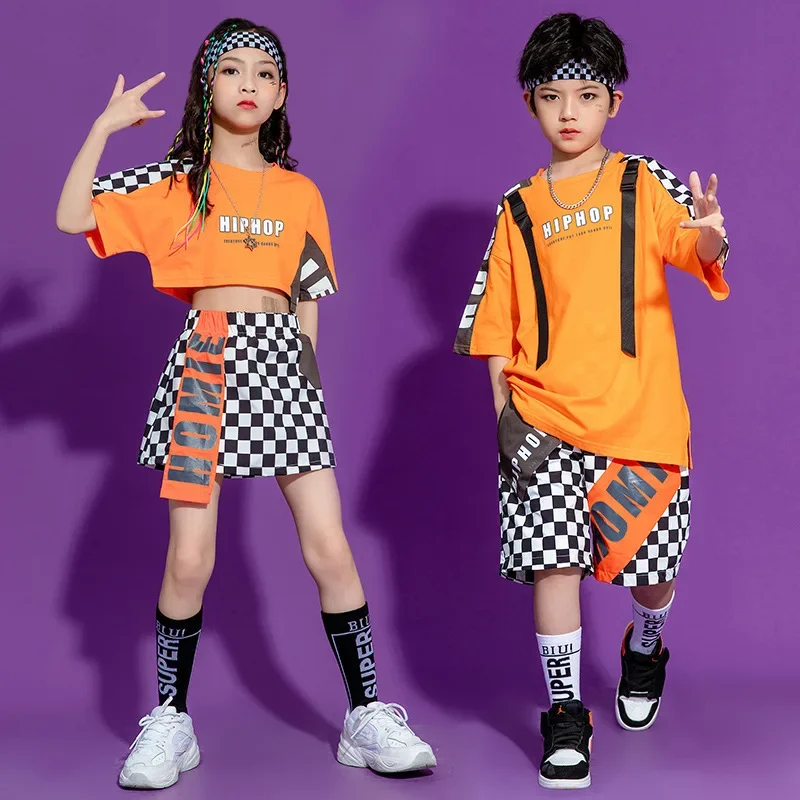 Graphic Tee Oversized T Shirt Crop Top Streetwear Checkered Summer Shorts Skirt Girls Boy Dance Costume Kid Hip Hop Clothing