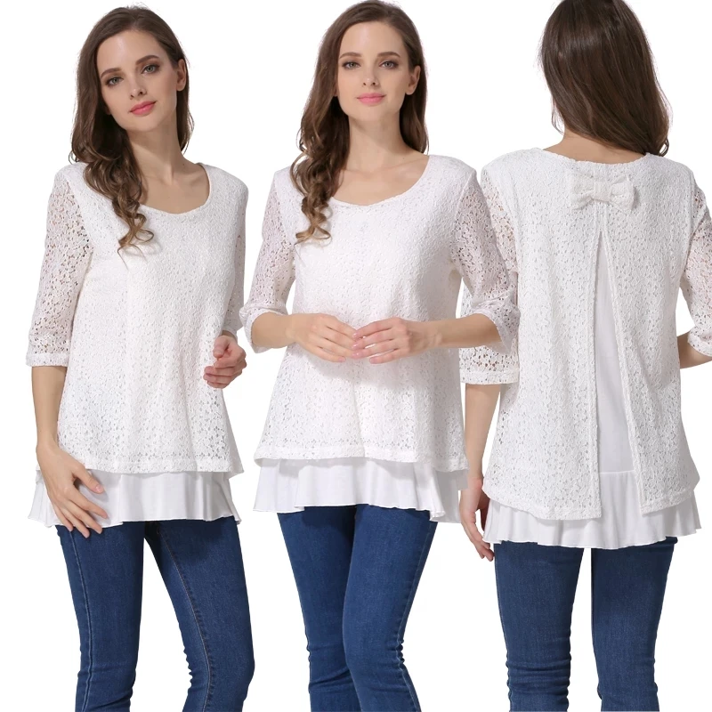 Spring Summer Maternity Clothes Round Neck Breastfeeding T-shirt Nursing Clothing for Pregnant Women Lace Postpartum Tops