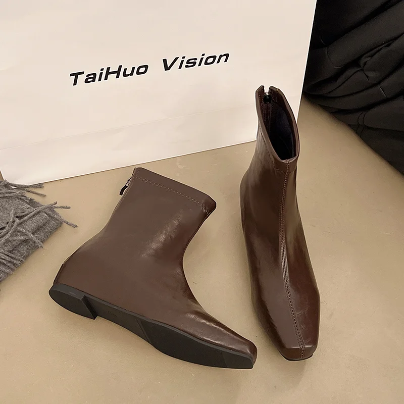

Flats Ankle Boots for Women's Fashion Leather Shoes 2025 Walking Chelsea Boots New Designer Zipper Casual Short Mujer De Botas