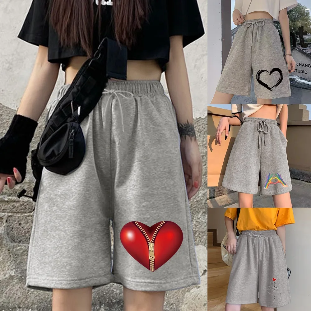 

Ladies Casual Cropped Shorts Female Student Harajuku Shorts Simple Love Printing Series Elastic Band Fashion Streetwear