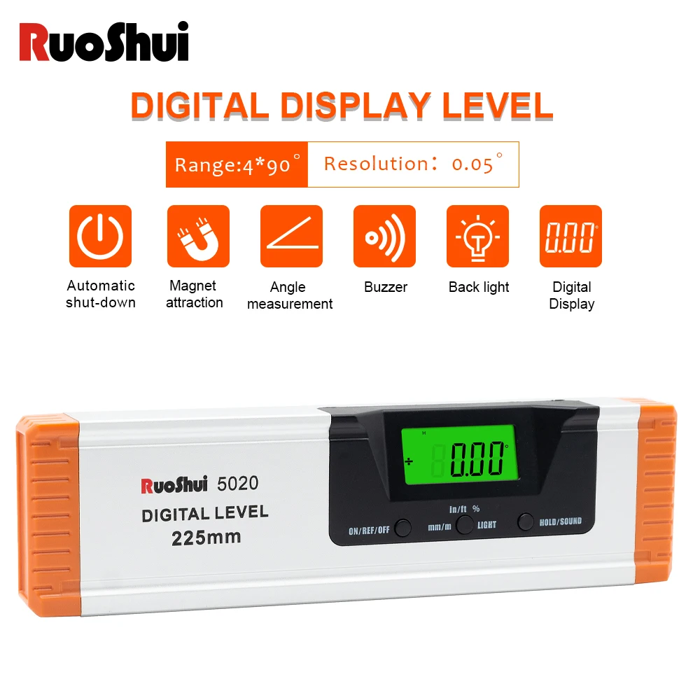 RuoShui Digital Protractor Angle Finder Inclinometer electronic Level 360 degree Aluminum Alloy Magnets Level Ruler 225mm