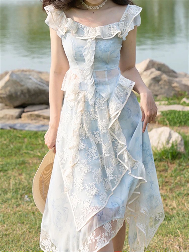 

Two Piece Set Women Clothing 2 Piece Sets Womens Outfits Embroidery Lace Sleeveless Ruffle Shirt Top + High Waist Skirt Set