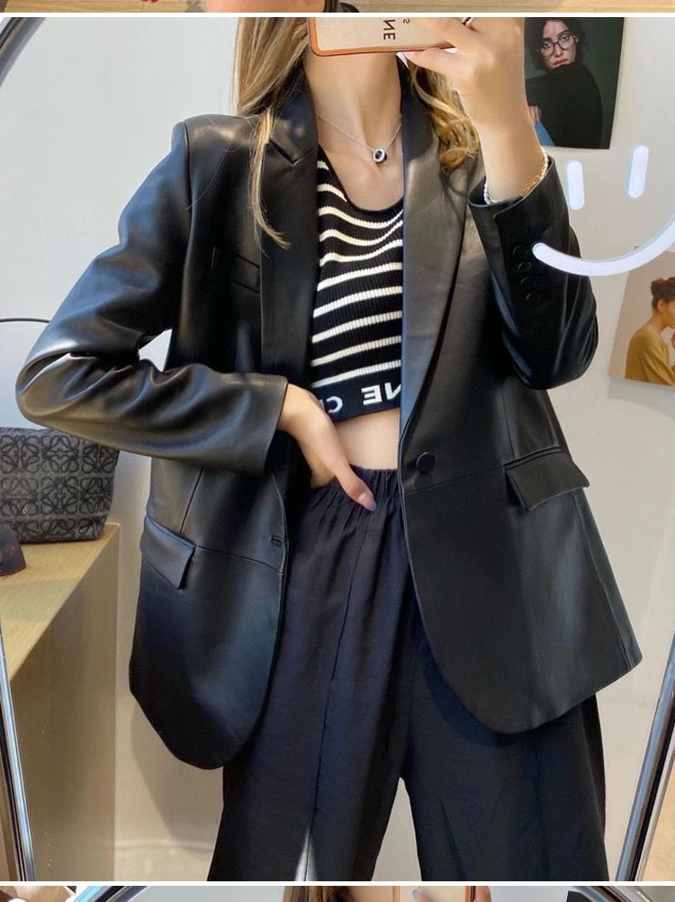 LARS Bell Giacca in Vera Pelle da Donna Vestibilità Ampia, Cappotto in Pelle di Pecora a Maniche Lunghe, Stile Casual Elegante, Nuovo Arrivo Autunno Inverno