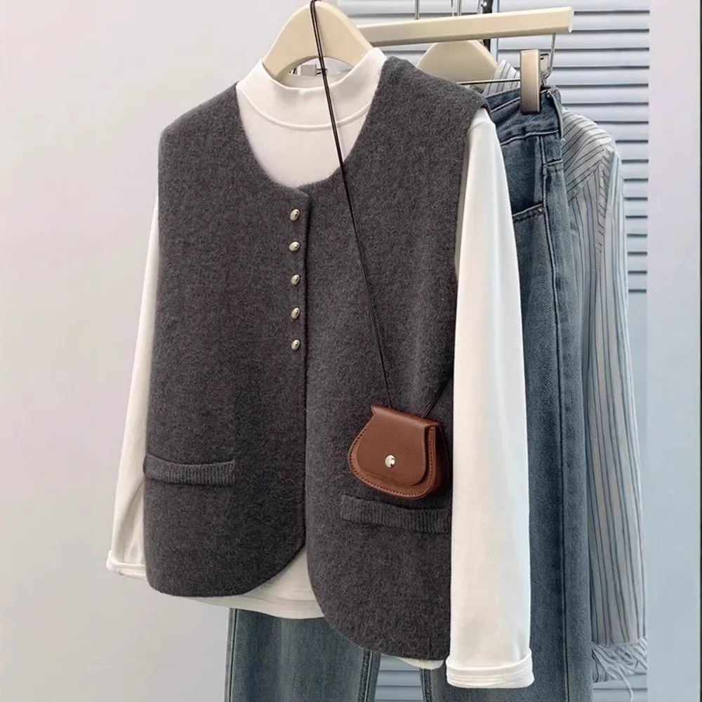 Knitted jacket women's business suit blouse, collarless round-neck sweater, coat, new style women's clothing