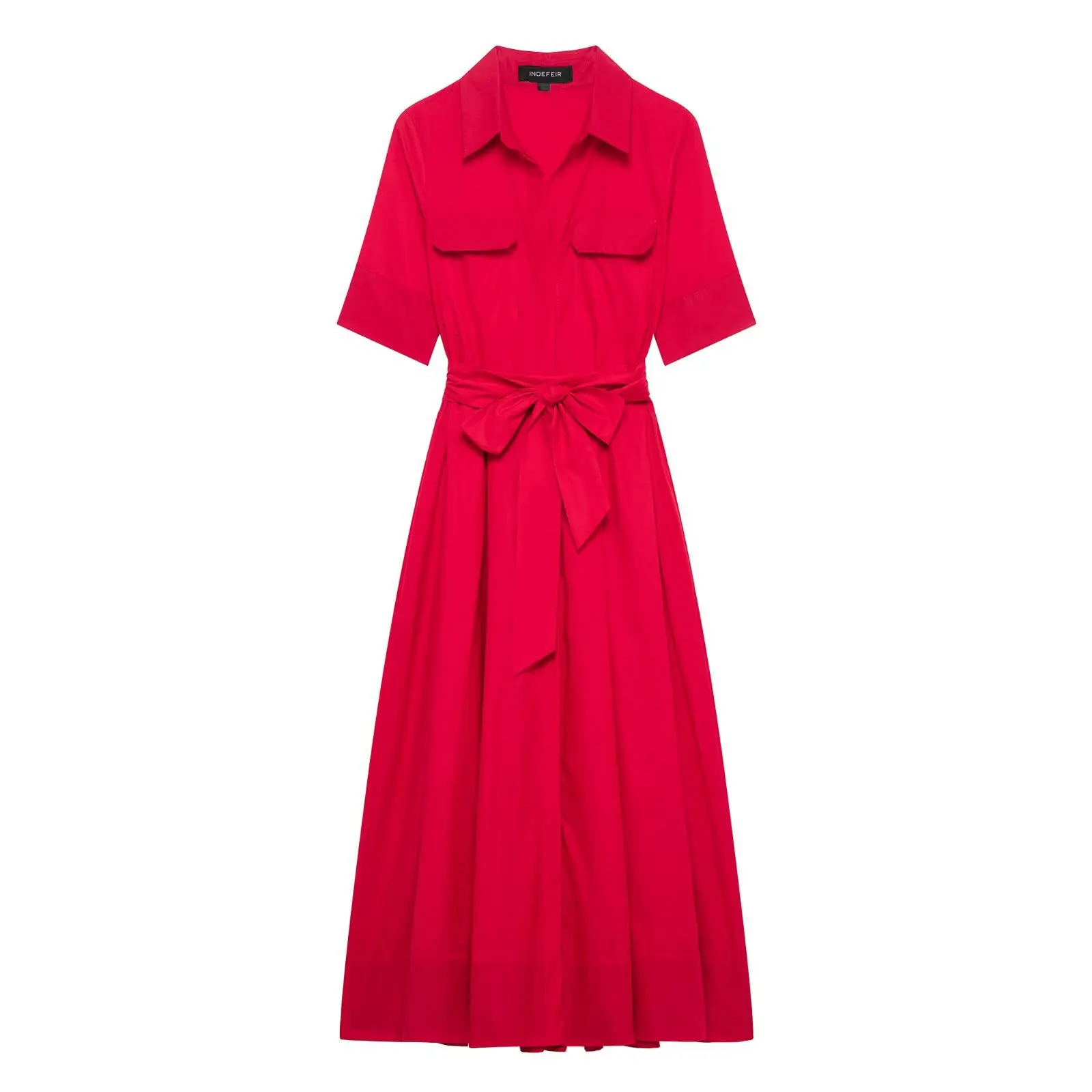 

SMVP Women Elegant Red Belted Dress Lapel Pocket Long Dress 2025 New Spring Summer High Street Romantic Casual Holidays Dress