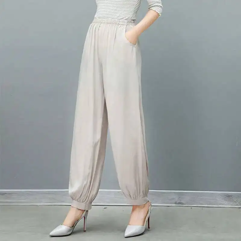 

Loose Bloomers 2025 New Summer Elegant Fashion Women Beach Lantern Pants Casual Solid Color Breathable Cotton Wide Leg Pants