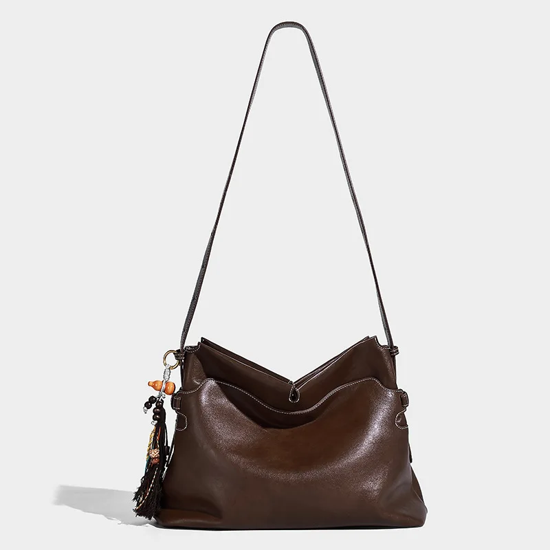 

Брендовая винтажная сумка-тоут, большая вместительная однотонная сумка с тыквой и кисточкой, подвесная сумка на плечо, минималистичная пригородная сумка подмышками