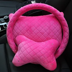 Pink Super Plush Car Neck Pillow Crystal Auto Bone-Shaped Headrest Seat Support Waist Pillows Car Interior Accessories Women