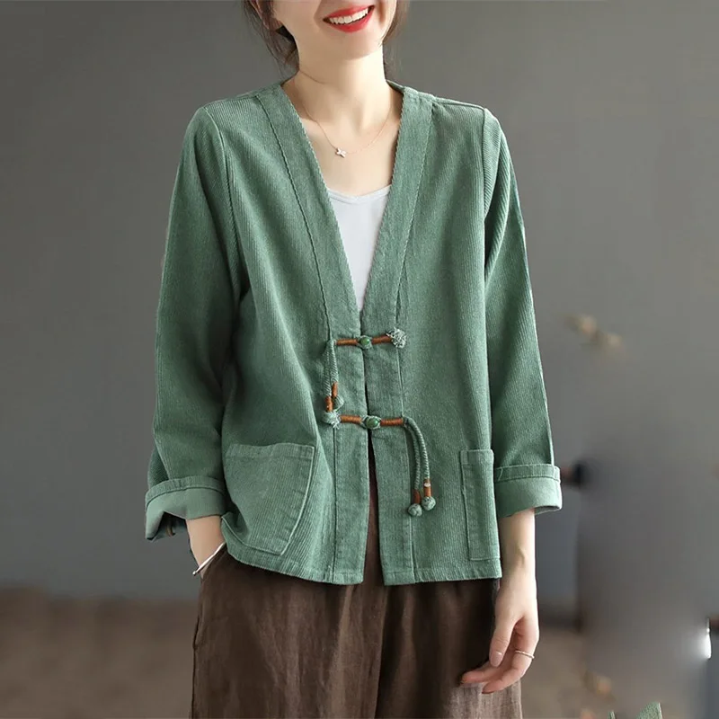 

Весенне-осенняя вельветовая куртка в китайском стиле, модное женское пальто, куртки 2026, новая большая свободная верхняя одежда с длинными рукавами, женский топ