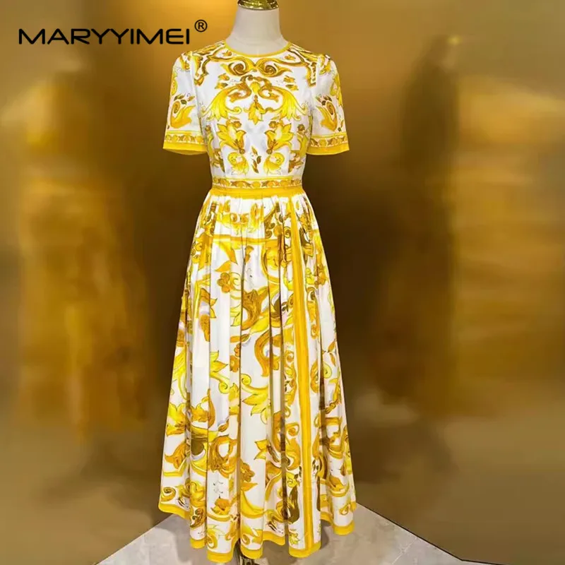 MARYYIMEI Summer Women's Dress Short Sleeve Cotton Vintage Baroque Print  High Quality Pretty Pleated Dresses