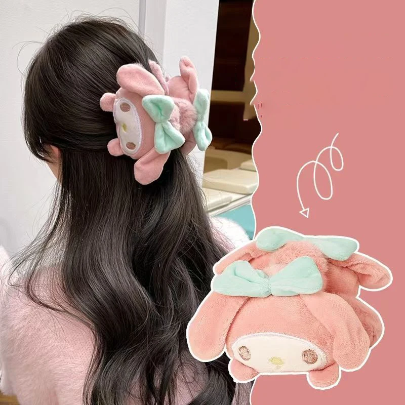 Anime Sanrio My Melody Hairpin Clip Kuromi Cinnamoroll Pompompurin Winter Shark Grab Clip Plush Doll Girl Kawaii Headwear Gifts