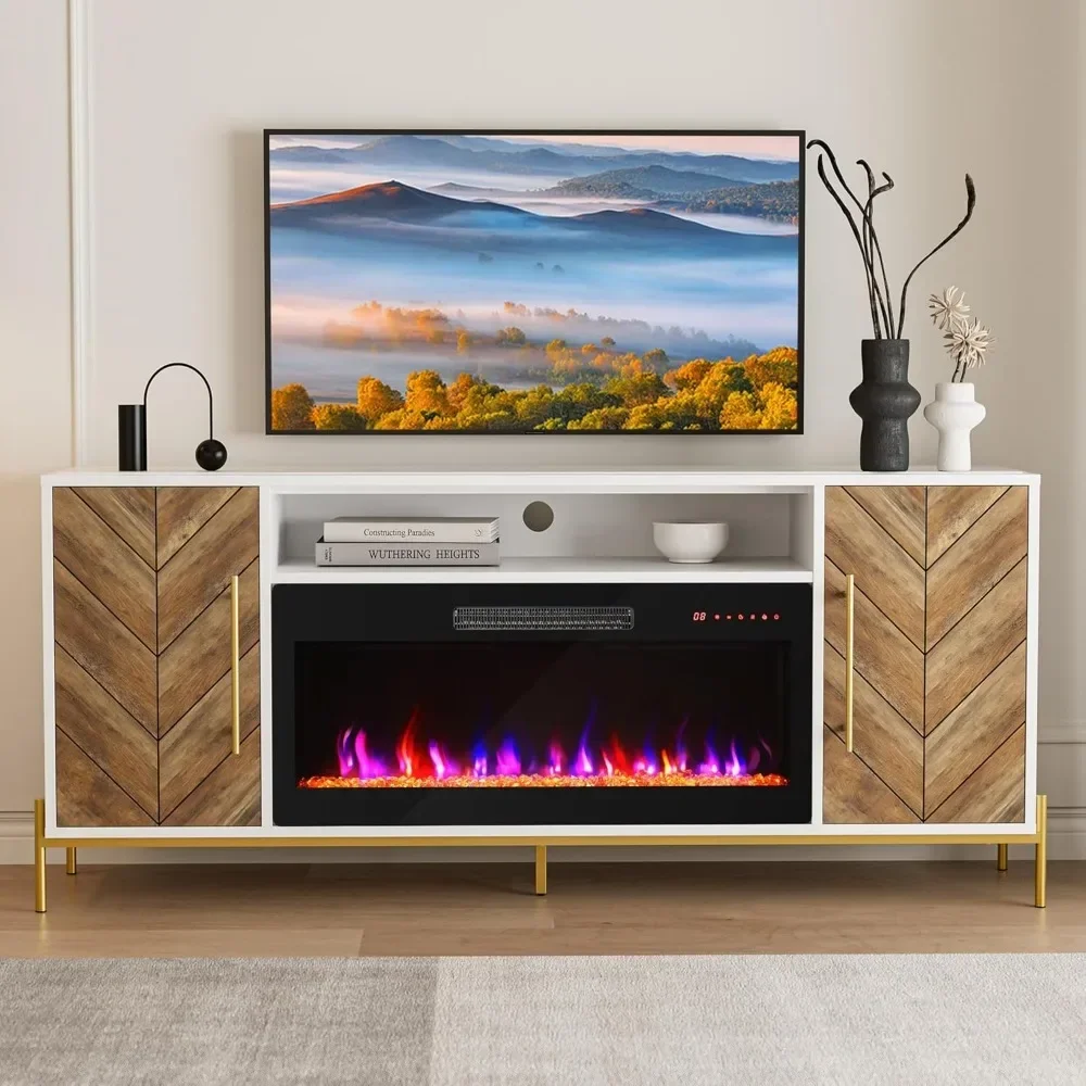 

68" Wood TV Stand with 36" Electric Fireplace, Entertainment Center with Storage Cabinet, Console Table for TVs up to 75