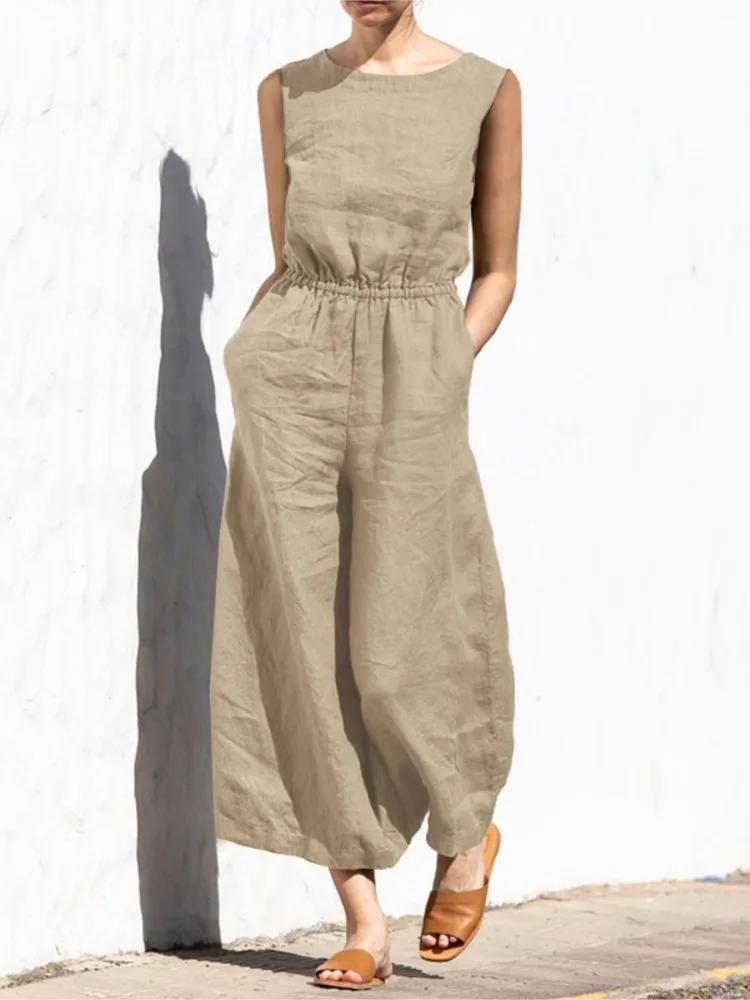 Elegant Solid Cotton Linen Women Jumpsuit Fashion Button O Neck Sleeveless Pocket Jumpsuits Ladies Elastic Waist Office Clothing