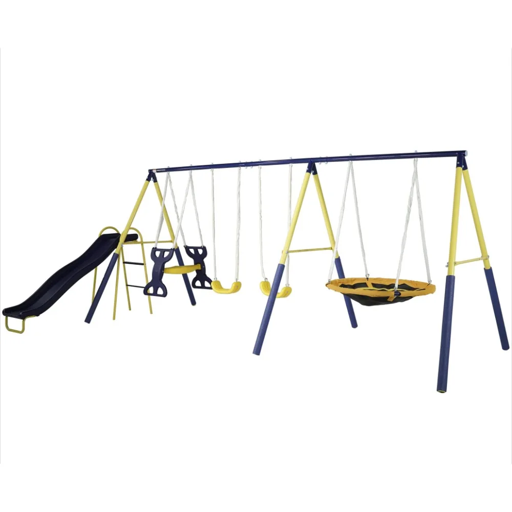 Outdoor Kids Metal Swing Set: 2 Swings, 1 Flying Saucer, 1 Glider, 1 Wavy Slide